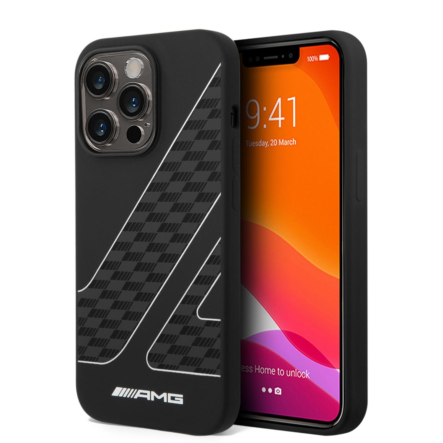 AMG Liquid Silicone Case With Checkered Flag Pattern For iPhone 14 Pro - Black/White [ AMHCP14L2SCFW ]