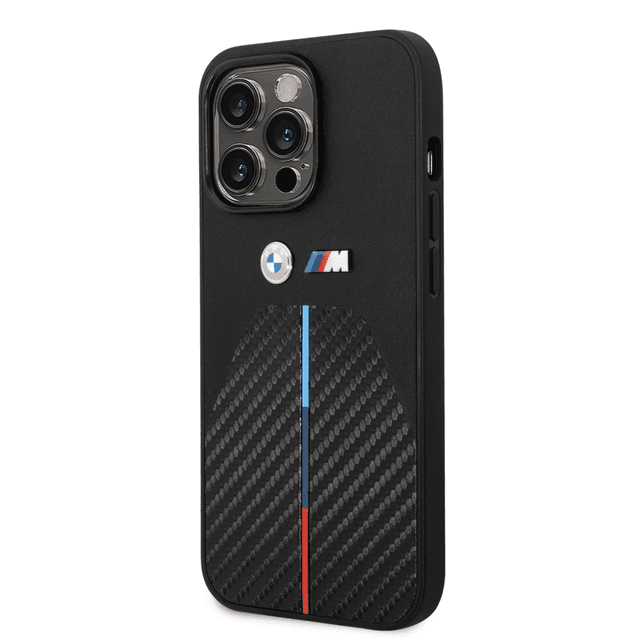 BMW M Collection Quilted PU Carbon Case With Hot Stamped Tricolor Stripe & Metal Logos For iPhone 14 Pro Max - Black [ BMHCP14X22NSTB ] - SW1hZ2U6MTM2NjEwMg==