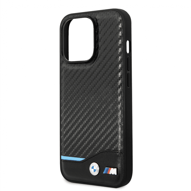 BMW M Collection Magsafe Pu Carbon Case With Bottom Horizontal Blue Line & Printed Logo For iPhone 14 Pro Max - Black [ BMHMP14X22NBCK ] - SW1hZ2U6MTM2NjM0NQ==