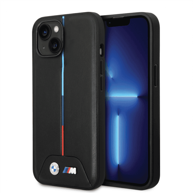 BMW M Collection Quilted PU Case With Hot Stamped Tricolor Stripe And Printed Logo For iPhone 14 Plus - Black [ BMHCP14M22PVTK ] - SW1hZ2U6MTM2NjU2NQ==