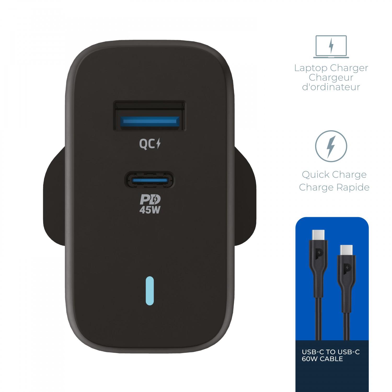 فيش شاحن ايفون 45 واط بمخرجين مع كابل شحن تايب سي 60 واط بورلوجي Powerology Dual Port Ultra-Quick GaN Charger QC3.0 and PD