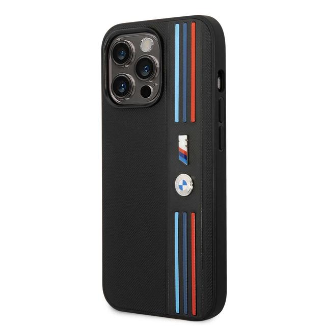 BMW M Collection PU Leather Mesh Case With Printed Tricolor Lines And Logo For iPhone 14 Pro - Black [ BMHCP14L22PPMK ] - SW1hZ2U6MTM2NTUzMA==