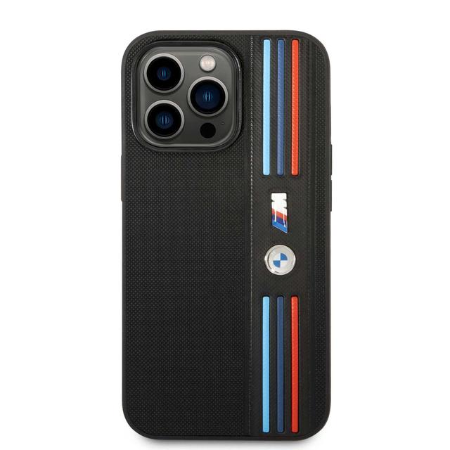 BMW M Collection PU Leather Mesh Case With Printed Tricolor Lines And Logo For iPhone 14 Pro - Black [ BMHCP14L22PPMK ] - SW1hZ2U6MTM2NTUzMg==