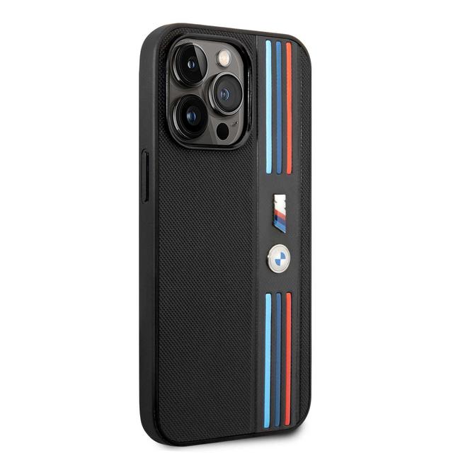 BMW M Collection PU Leather Mesh Case With Printed Tricolor Lines And Logo For iPhone 14 Pro - Black [ BMHCP14L22PPMK ] - SW1hZ2U6MTM2NTUzNA==