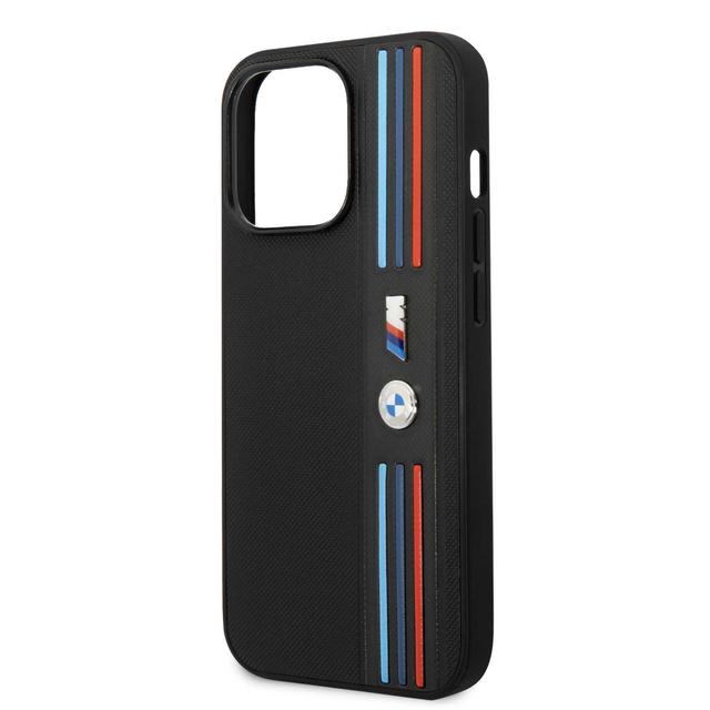 BMW M Collection PU Leather Mesh Case With Printed Tricolor Lines And Logo For iPhone 14 Pro - Black [ BMHCP14L22PPMK ] - SW1hZ2U6MTM2NTUzOA==