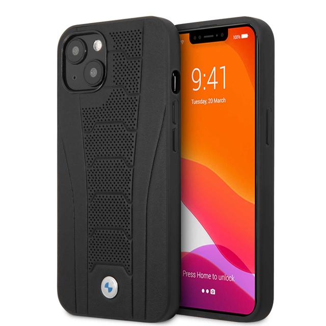 BMW Real Leather Hard Case Seat Pattern Tone On Tone Perforations Debossed Lines For iPhone 13 (6.1") - Black [ BMHCP13MRPSLK ] - SW1hZ2U6MTM2NDQwNQ==