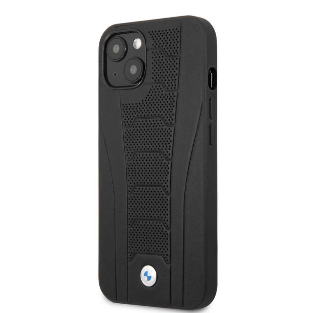 BMW Real Leather Hard Case Seat Pattern Tone On Tone Perforations Debossed Lines For iPhone 13 (6.1") - Black [ BMHCP13MRPSLK ] - SW1hZ2U6MTM2NDQwNw==