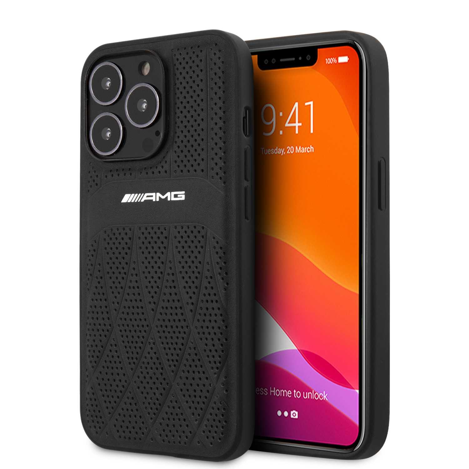 AMG Genuine Leather Case With Perforated Black Leather Curved Lines Hot Stamped With Logo For iPhone 13 Pro (6.1") - Black [ AMHCP13LOSDBK ]