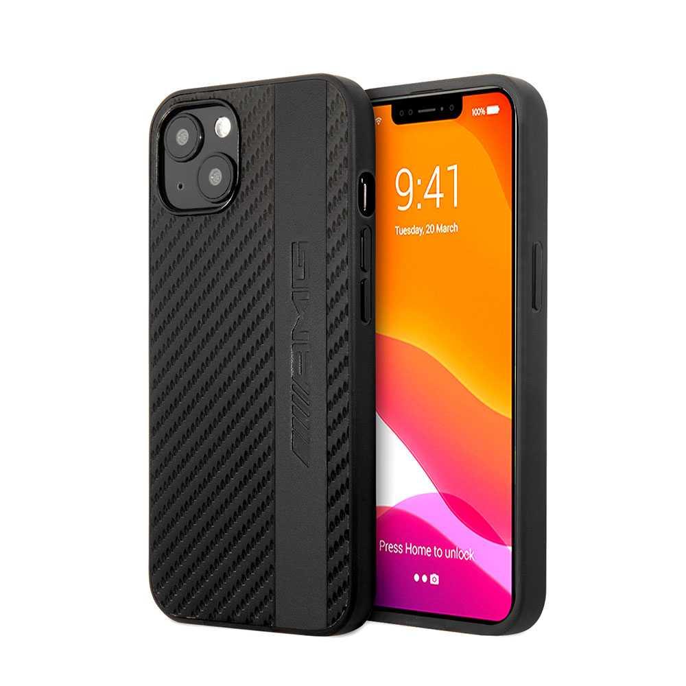 AMG PC/TPU Case With PU Carbon Effect Gray Leather Stripe And Hot Stamped Logo For iPhone 13 (6.1") - Black [ AMHCP13MBLSCA ]