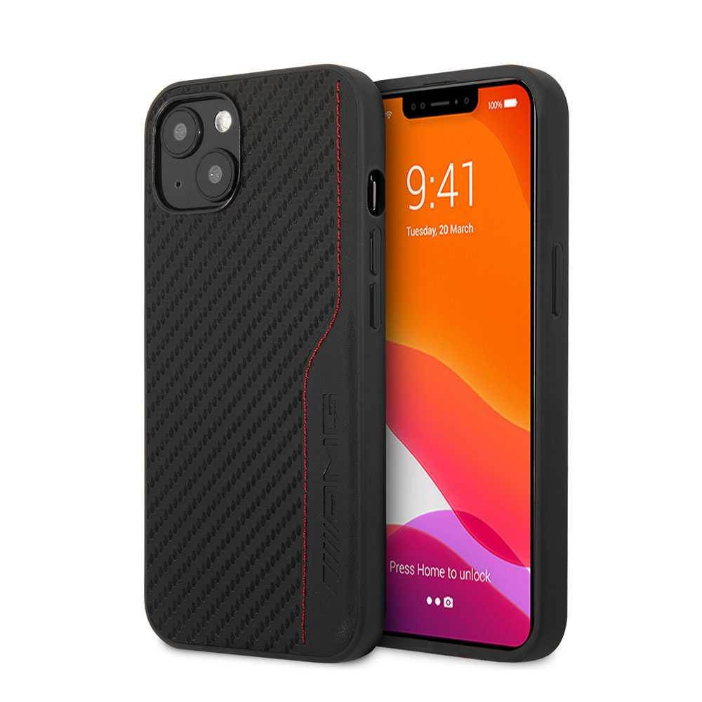 AMG Hard Case With PU Carbon Effect Leather And Red Stiching Line Hot Stamped Logo For iPhone 13 (6.1") - Black [ AMHCP13MDEBK ]