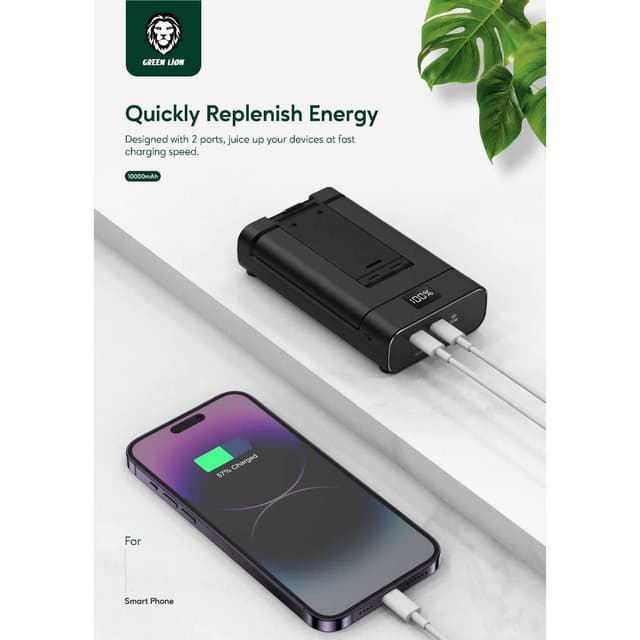 باور بانك شاحن متنقل جرين 10000 مللي أمبير مع ستاند جوال مدمج Green Lion Power Bank and Foldable Mobile Stand