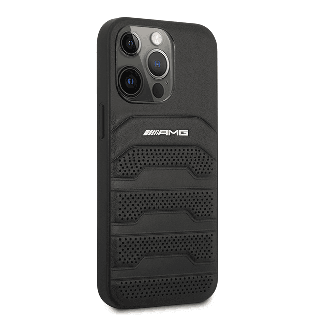 AMG Genuine Leather Case With Perforated Black Leather Debossed Lines Hot Stamped White Logo For iPhone 14 Pro Max - Black [ AMHCP14XGSEBK ] - 273839