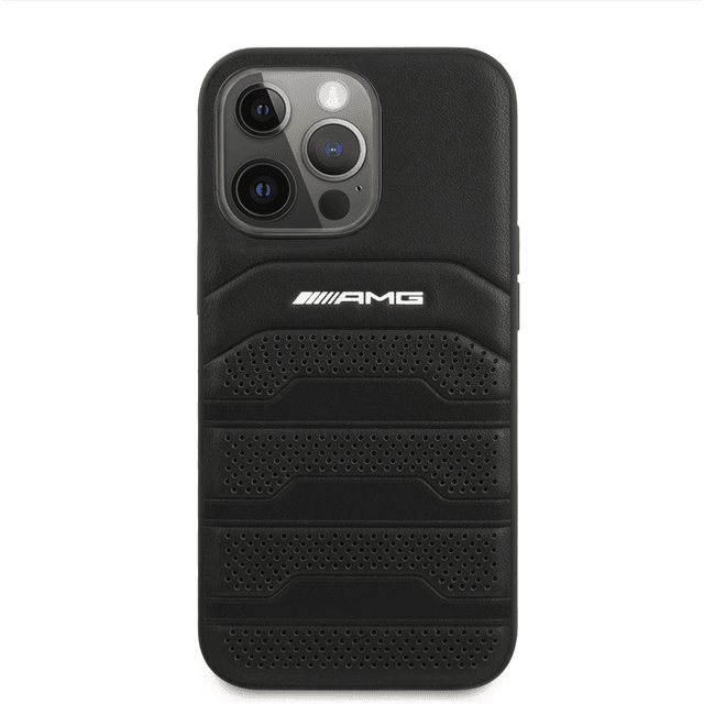 AMG Genuine Leather Case With Perforated Black Leather Debossed Lines Hot Stamped White Logo For iPhone 14 Pro Max - Black [ AMHCP14XGSEBK ] - 273841