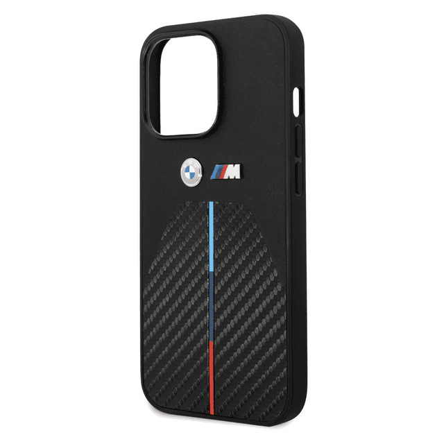 BMW M Collection Quilted PU Carbon Case With Hot Stamped Tricolor Stripe & Metal Logos For iPhone 14 Pro - Black [ BMHCP14L22NSTB ] - SW1hZ2U6MTM2NTg1Nw==