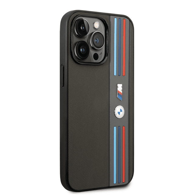 BMW M Collection PU Leather Mesh Case With Printed Tricolor Lines And Logo For iPhone 14 Pro - Grey [ BMHCP14L22PPMA ] - SW1hZ2U6MTM2NTY0NQ==