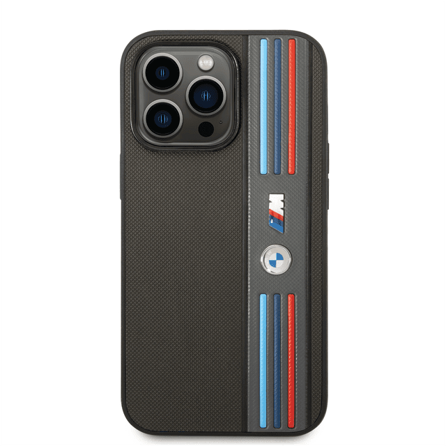 BMW M Collection PU Leather Mesh Case With Printed Tricolor Lines And Logo For iPhone 14 Pro - Grey [ BMHCP14L22PPMA ] - SW1hZ2U6MTM2NTY1MQ==