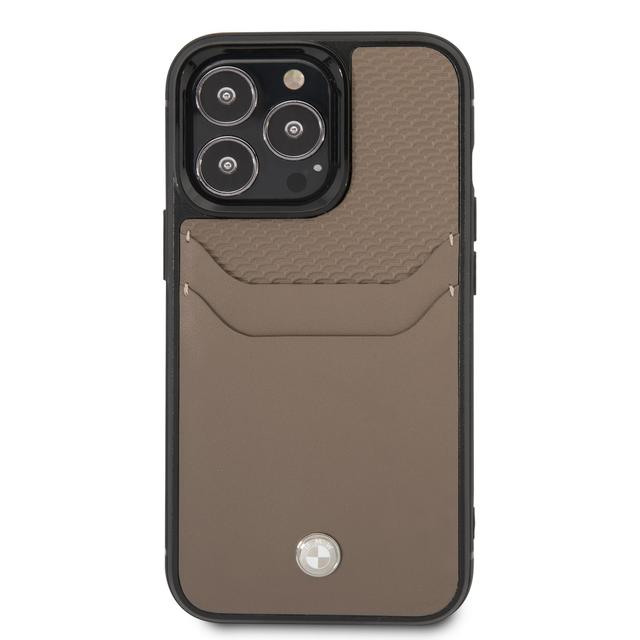 BMW Signature Collection Genuine Leather Case With Cardslot Embossed Pattern For iPhone 14 Pro - Taupe [ BMHCP14L22RSEPT ] - SW1hZ2U6MTM2NTc0NQ==