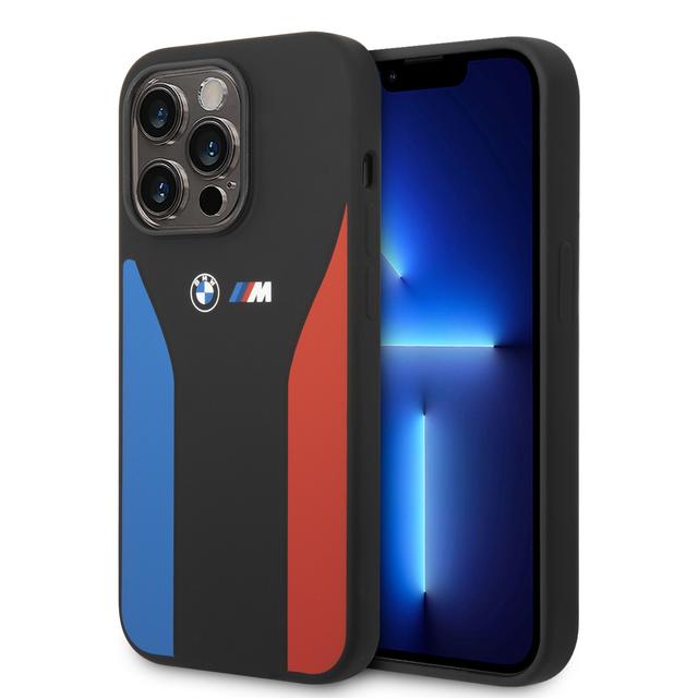 BMW M Collection Liquid Silicone Case With Tricolor Print & Logo For iPhone 14 Pro - Black [ BMHCP14L22SCSK ] - SW1hZ2U6MTM2NTc1NA==