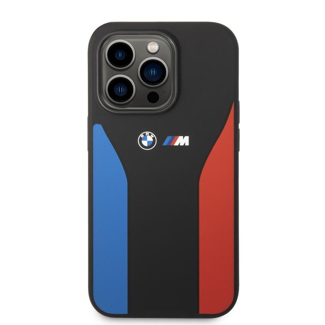 BMW M Collection Liquid Silicone Case With Tricolor Print & Logo For iPhone 14 Pro - Black [ BMHCP14L22SCSK ] - SW1hZ2U6MTM2NTc1Ng==