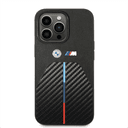 BMW M Collection Quilted PU Carbon Case With Hot Stamped Tricolor Stripe & Metal Logos For iPhone 14 Pro Max - Black [ BMHCP14X22NSTB ] - SW1hZ2U6MTM2NjEwNA==