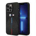 BMW M Collection Quilted PU Carbon Case With Hot Stamped Tricolor Stripe & Metal Logos For iPhone 14 Pro Max - Black [ BMHCP14X22NSTB ] - SW1hZ2U6MTM2NjExMg==