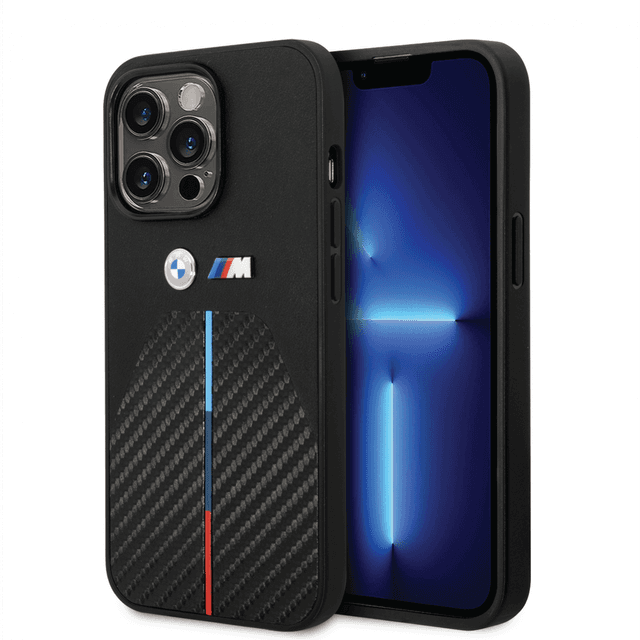 BMW M Collection Quilted PU Carbon Case With Hot Stamped Tricolor Stripe & Metal Logos For iPhone 14 Pro Max - Black [ BMHCP14X22NSTB ] - SW1hZ2U6MTM2NjExMg==