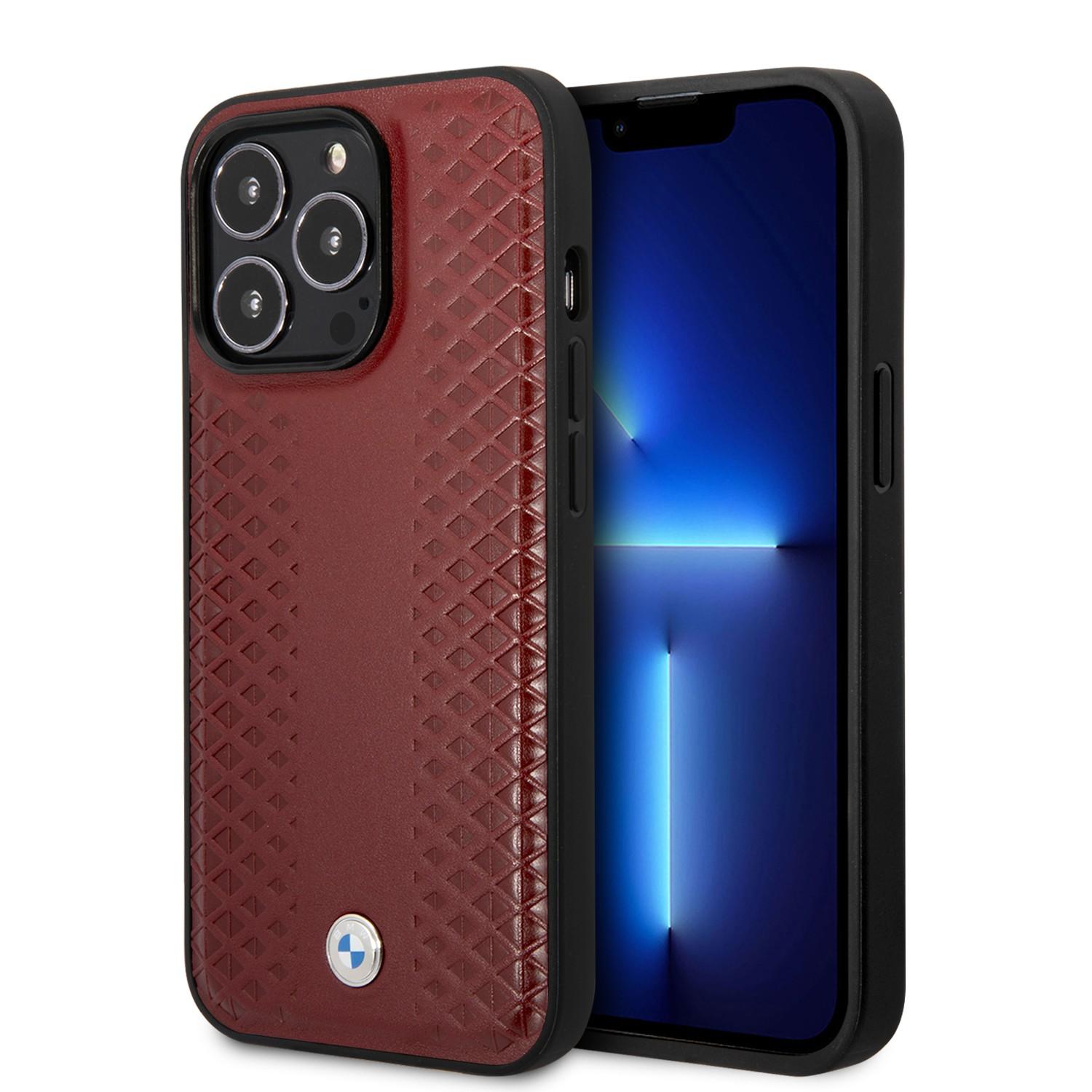 BMW Signature Collection Genuine Leather Case With Diamond Hot Stamp Pattern For iPhone 14 Pro Max - Burgundy [ BMHCP14X22RFGR ]