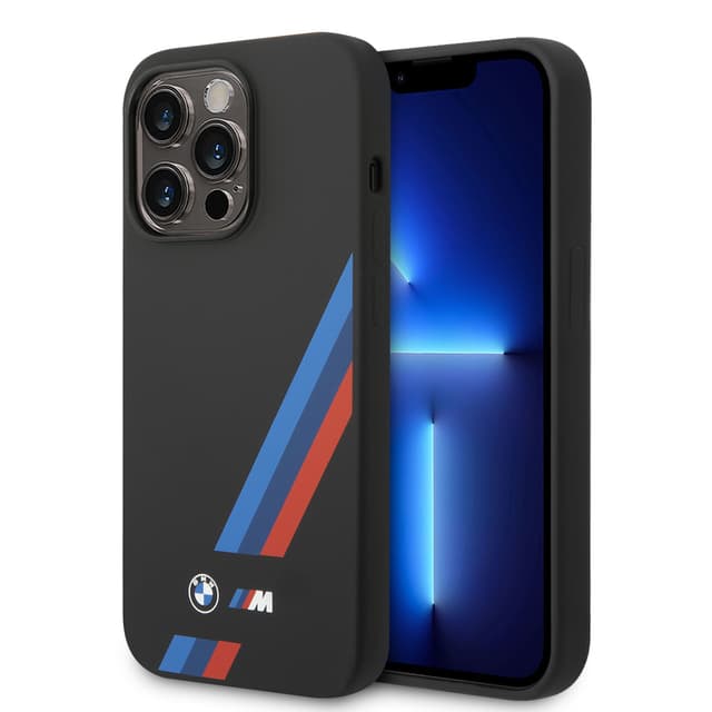 BMW M Collection Liquid Silicone Case With Slanted Tricolor Stripes & Printed Logo For iPhone 14 Pro Max - Black [ BMHCP14X22SOTK ]