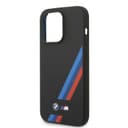 BMW M Collection Liquid Silicone Case With Slanted Tricolor Stripes & Printed Logo For iPhone 14 Pro Max - Black [ BMHCP14X22SOTK ]