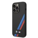 BMW M Collection Liquid Silicone Case With Slanted Tricolor Stripes & Printed Logo For iPhone 14 Pro Max - Black [ BMHCP14X22SOTK ] - SW1hZ2U6MTM2NjQ1Ng==