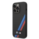 BMW M Collection Liquid Silicone Case With Slanted Tricolor Stripes & Printed Logo For iPhone 14 Pro Max - Black [ BMHCP14X22SOTK ]