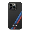 BMW M Collection Liquid Silicone Case With Slanted Tricolor Stripes & Printed Logo For iPhone 14 Pro Max - Black [ BMHCP14X22SOTK ] - SW1hZ2U6MTM2NjQ2MA==