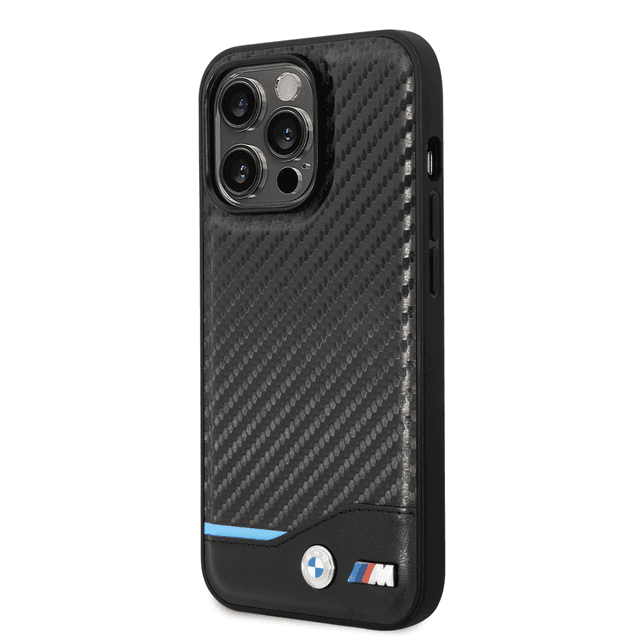 BMW M Collection Magsafe Pu Carbon Case With Bottom Horizontal Blue Line & Printed Logo For iPhone 14 Pro Max - Black [ BMHMP14X22NBCK ] - SW1hZ2U6MTM2NjM1Mg==