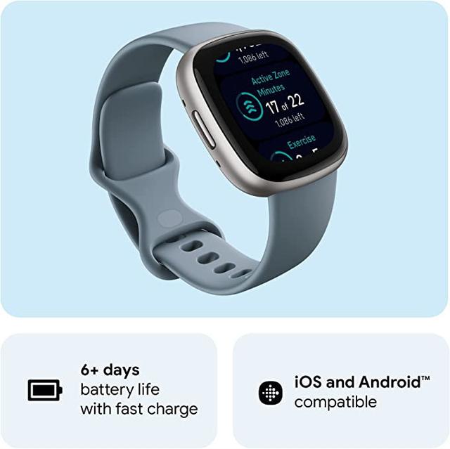 Fitbit Versa 4 Fitness Wristband with Heart Rate Tracker - Waterfall Blue/Platinum [ FB523SRAG ] - SW1hZ2U6MTM3MDEzMQ==