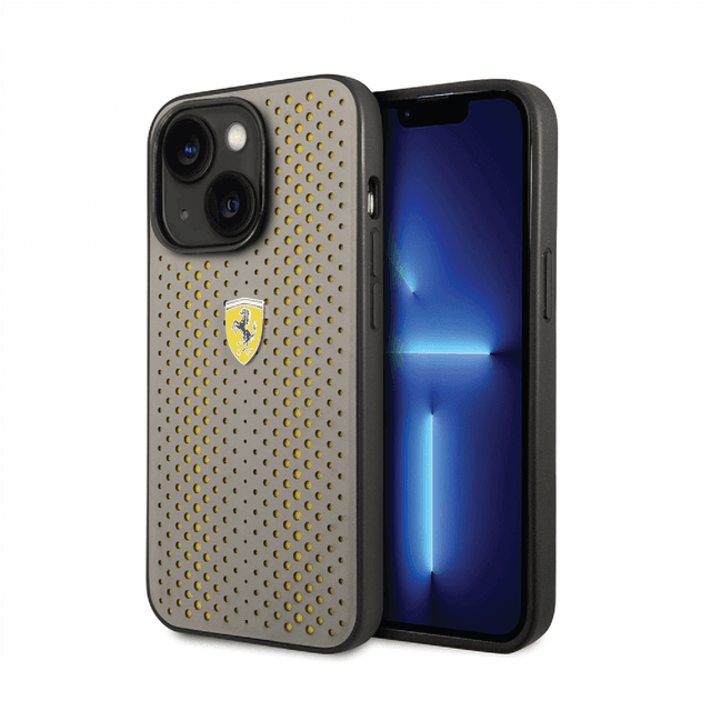 كفر ايفون 14 بلس جلد مع ارضية نايلون فيراري أصفر Ferrari PU Leather Perforated Case With Nylon Base - SW1hZ2U6MTM3MDAwNA==