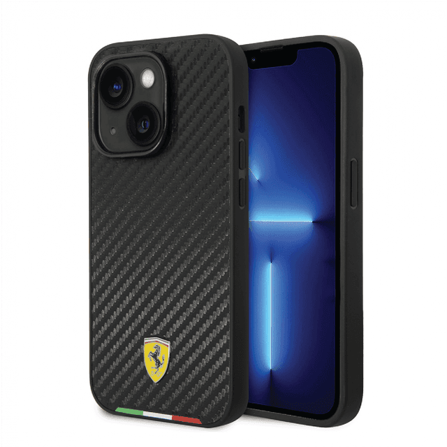 كفر ايفون 14 بلس صلب بولي يوثرين فيراري علم إيطاليا أسود Ferrari Hard Case PU Carbon Effect & Italian Flag Line