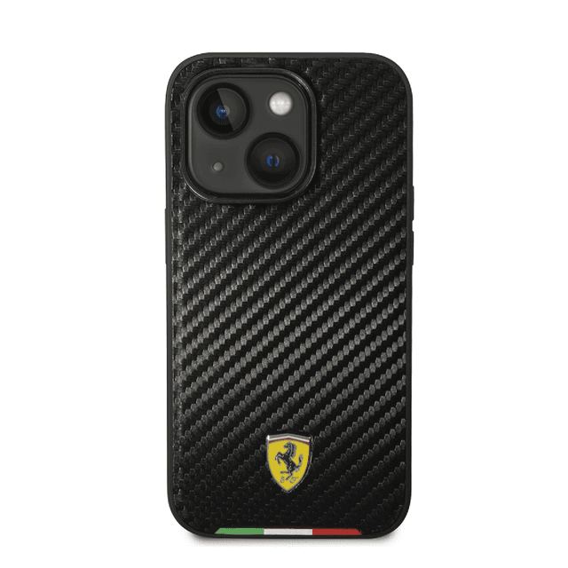 كفر ايفون 14 بلس صلب بولي يوثرين فيراري علم إيطاليا أسود Ferrari Hard Case PU Carbon Effect & Italian Flag Line