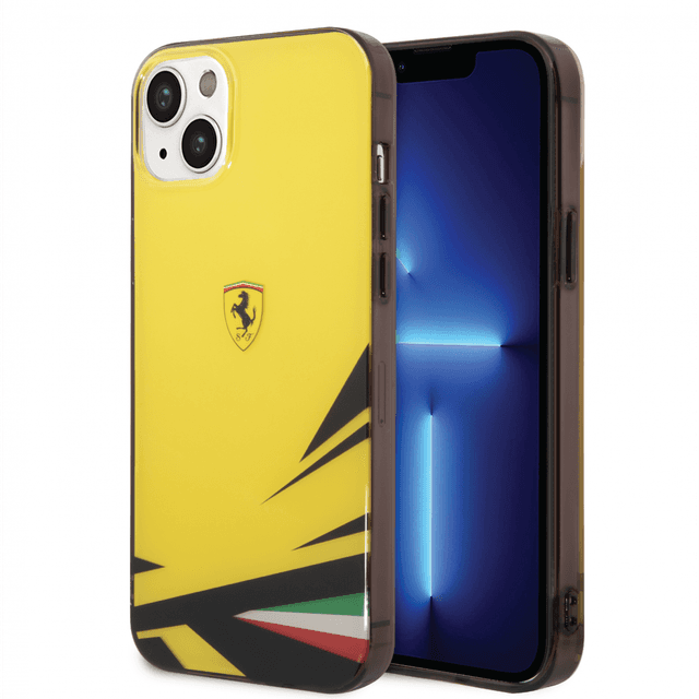 كفر ايفون 14 بلس بولي كربون وسيلكون طباعة مزدوجة فيراري أصفر Ferrari PC/TPU Case With Double Layer Grass Print