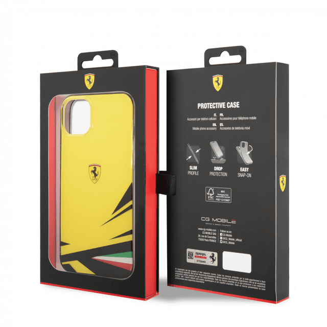 كفر ايفون 14 بلس بولي كربون وسيلكون طباعة مزدوجة فيراري أصفر Ferrari PC/TPU Case With Double Layer Grass Print