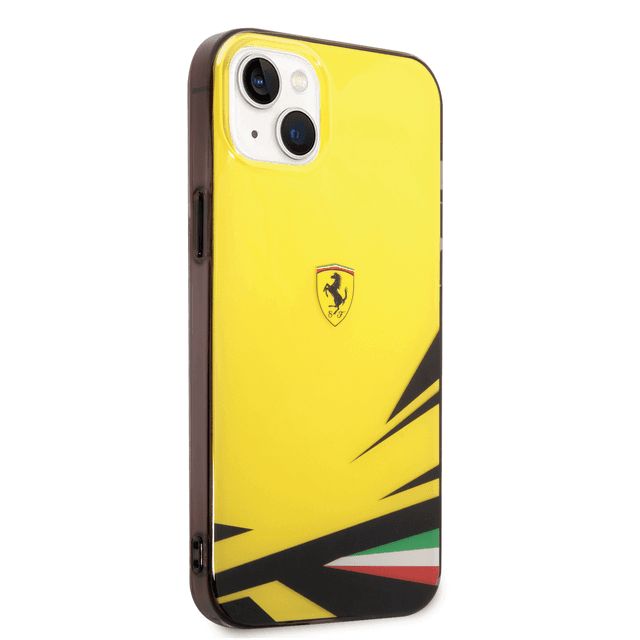 كفر ايفون 14 بلس بولي كربون وسيلكون طباعة مزدوجة فيراري أصفر Ferrari PC/TPU Case With Double Layer Grass Print
