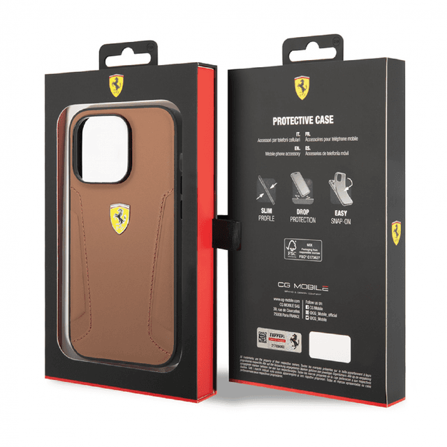 كفر ايفون 14 جلد فيراري بني Ferrari Leather Case With Hot Stamped Sides