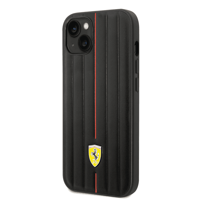 Ferrari Leather Case With Embossed Stripes & Yellow Shield Logo For iPhone 14 - Black [ FEHCP14SRMIK ] - SW1hZ2U6MTM2NzY1Mg==