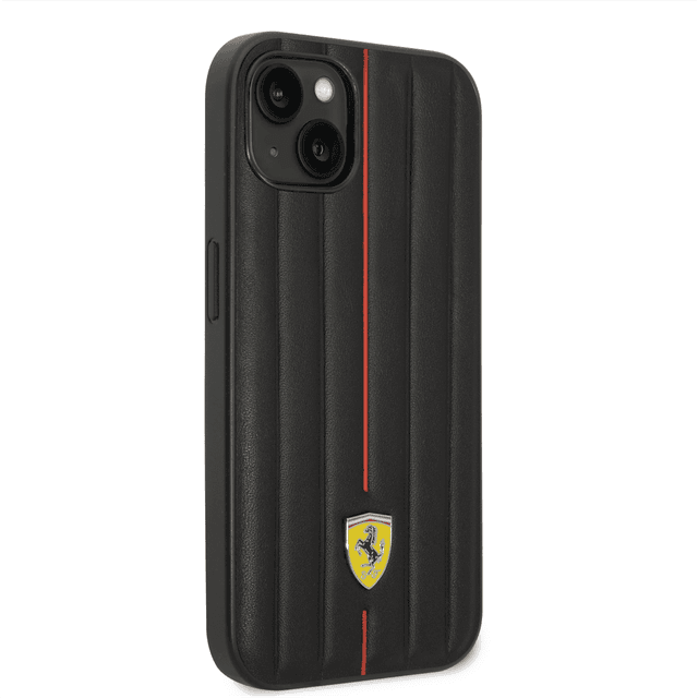 Ferrari Leather Case With Embossed Stripes & Yellow Shield Logo For iPhone 14 - Black [ FEHCP14SRMIK ] - SW1hZ2U6MTM2NzY1NA==