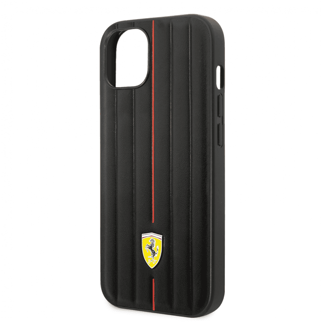 Ferrari Leather Case With Embossed Stripes & Yellow Shield Logo For iPhone 14 - Black [ FEHCP14SRMIK ] - SW1hZ2U6MTM2NzY2MA==