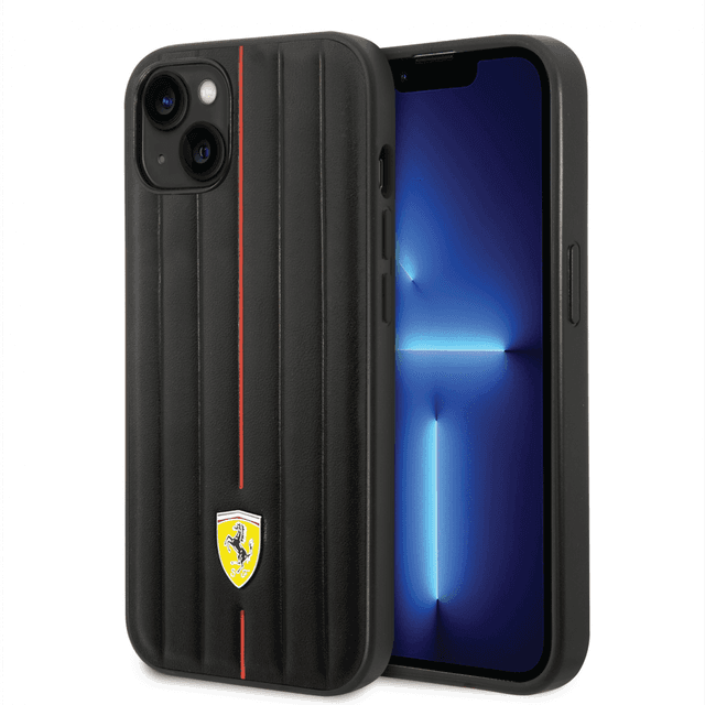 Ferrari Leather Case With Embossed Stripes & Yellow Shield Logo For iPhone 14 - Black [ FEHCP14SRMIK ] - SW1hZ2U6MTM2NzY2Mg==