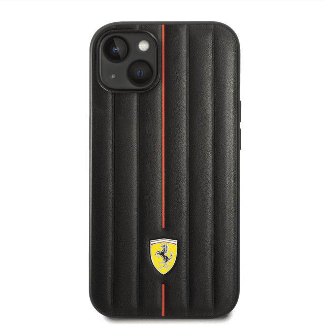 Ferrari Leather Case With Embossed Stripes & Yellow Shield Logo For iPhone 14 - Black [ FEHCP14SRMIK ] - SW1hZ2U6MTM2NzY2NA==