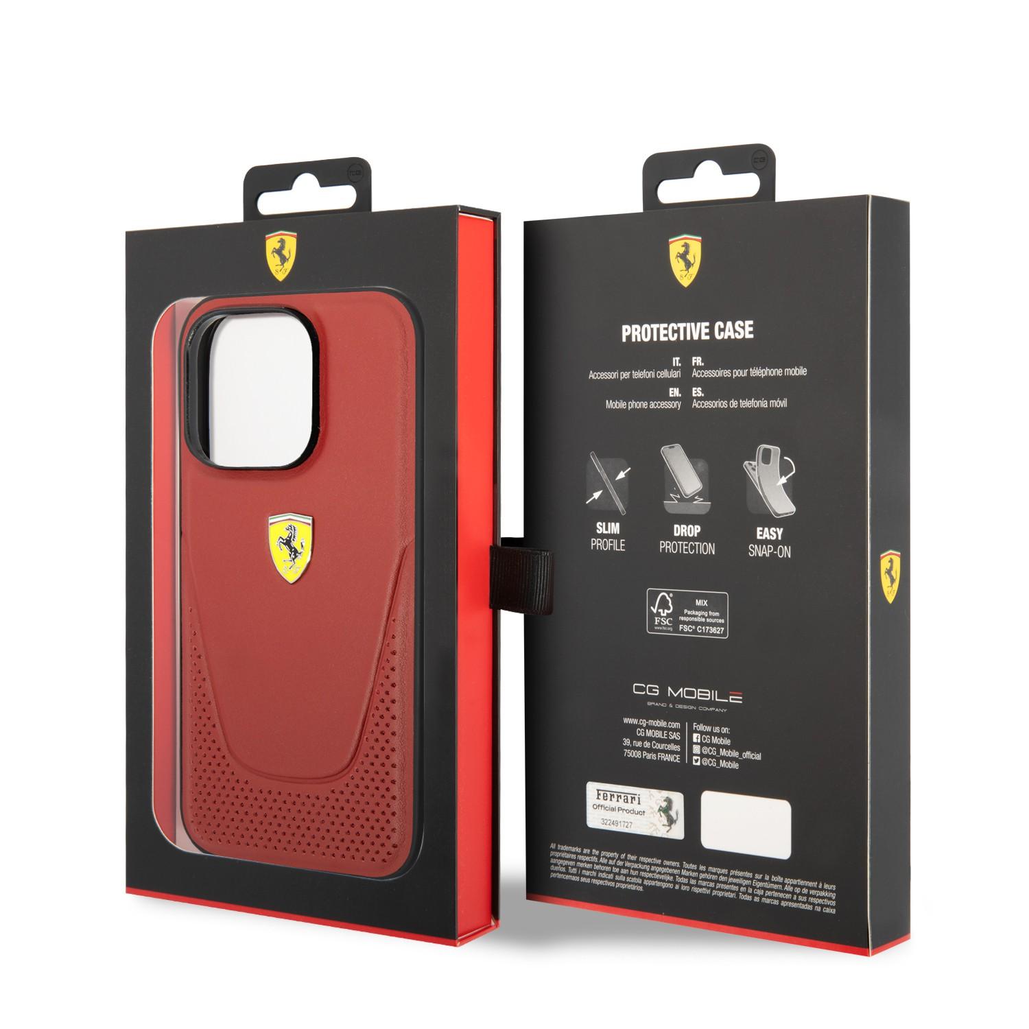 كفر ايفون 14 برو ماكس جلد مثقب صلب فيراري فيسي أحمر Ferrari Leather Vici Perforated Hard Case