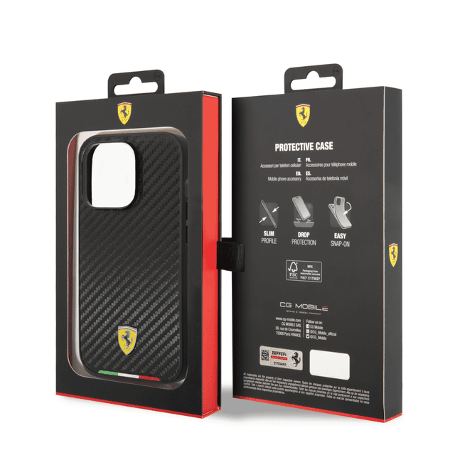 Ferrari HC PU Carbon Effect Case With Italian Flag Line For iPhone 14 Pro Max - Black [ FEHCP14XTABK ] - SW1hZ2U6MTM2OTQ5Ng==