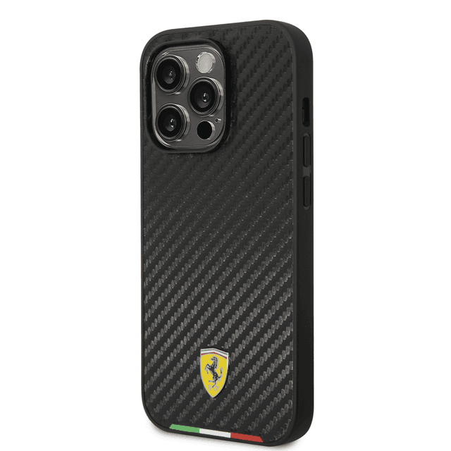 Ferrari HC PU Carbon Effect Case With Italian Flag Line For iPhone 14 Pro Max - Black [ FEHCP14XTABK ] - SW1hZ2U6MTM2OTQ5OA==