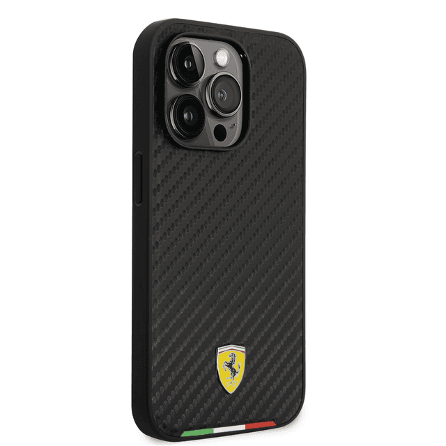 Ferrari HC PU Carbon Effect Case With Italian Flag Line For iPhone 14 Pro Max - Black [ FEHCP14XTABK ] - SW1hZ2U6MTM2OTUwNQ==